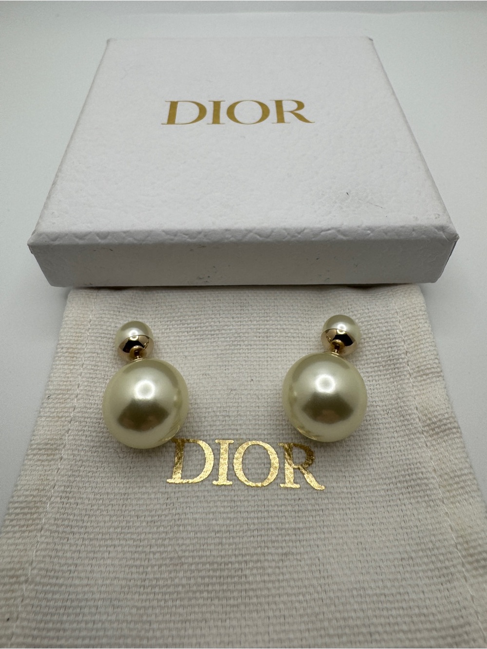 DIOR Ivory Pearl Double-Sided Earrings w/ Gold-tone Hardware - Full Inclusion